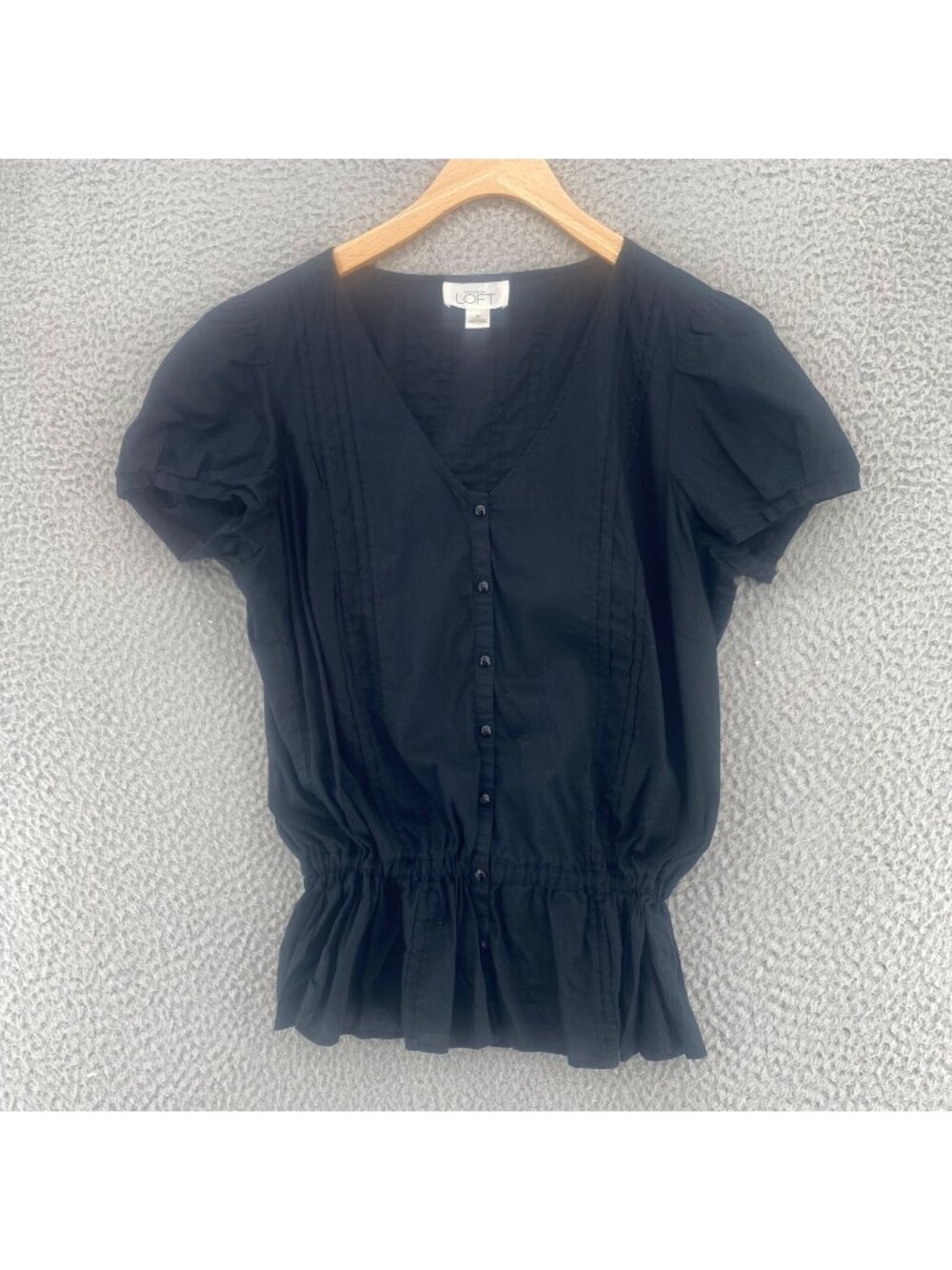 LOFT Top Womens 10 Black Pleated Button Up Cinched Waist Short Sleeves Blouse